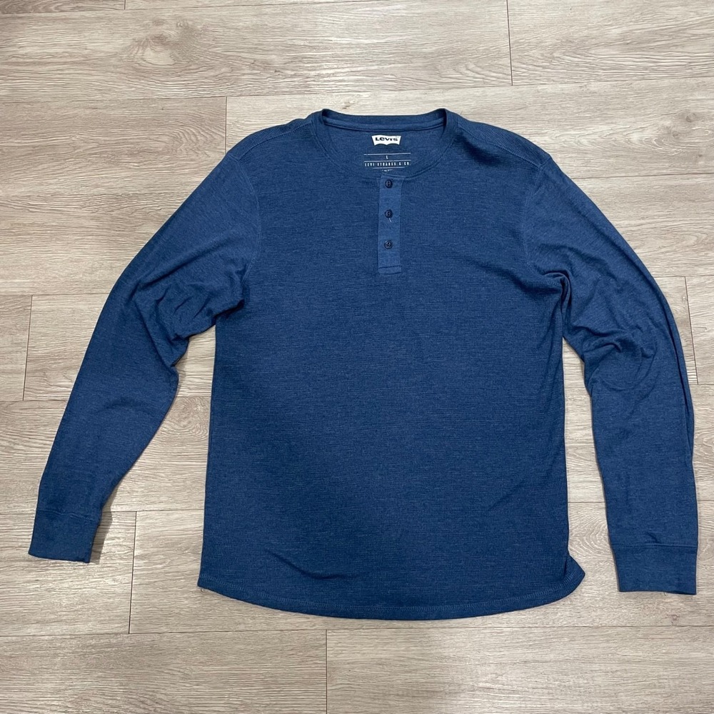 Levis  Mens Henley T Shirt Thermal Blue Pullover Casual Layering Large